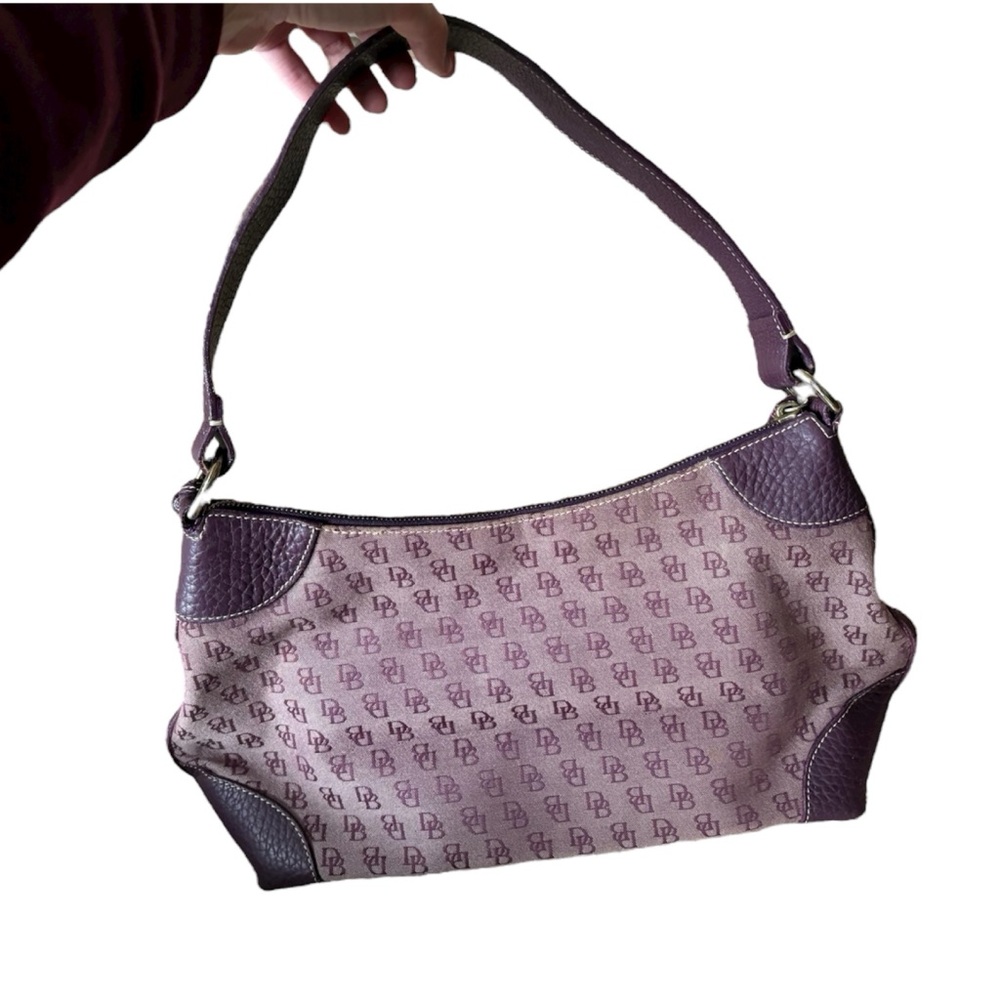 Dooney & Bourke purple logo canvas and dark purple pebbled leather shoulder bag